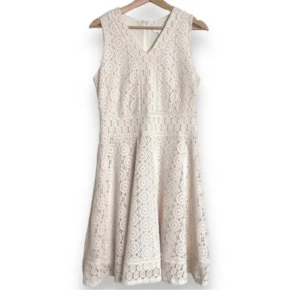 Charter Club Cream Crochet Lace V Neck Fit n Flare Sleeveless Dress